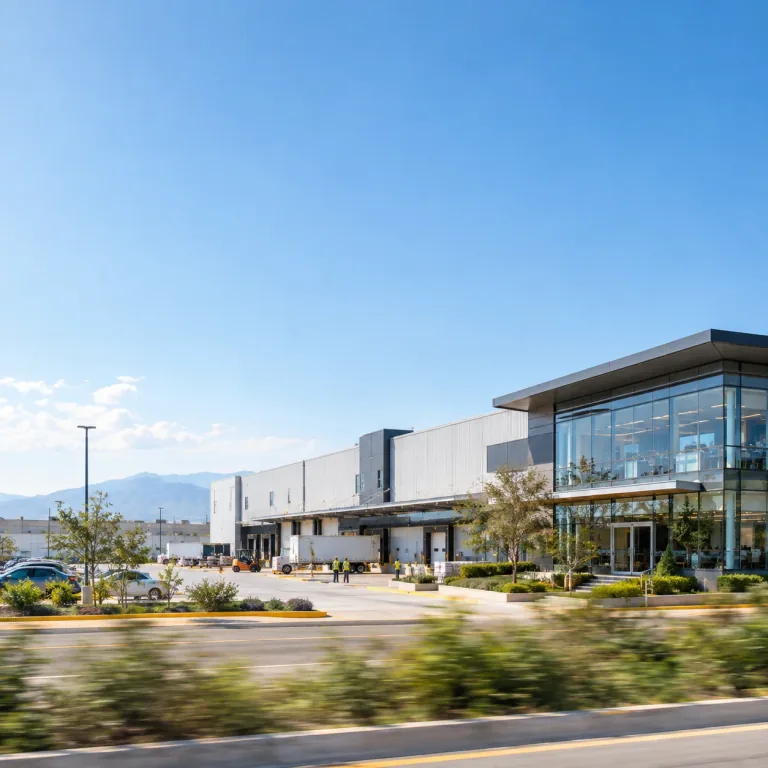 Centro de distribución de Comex con andenes de carga y oficinas de cristal