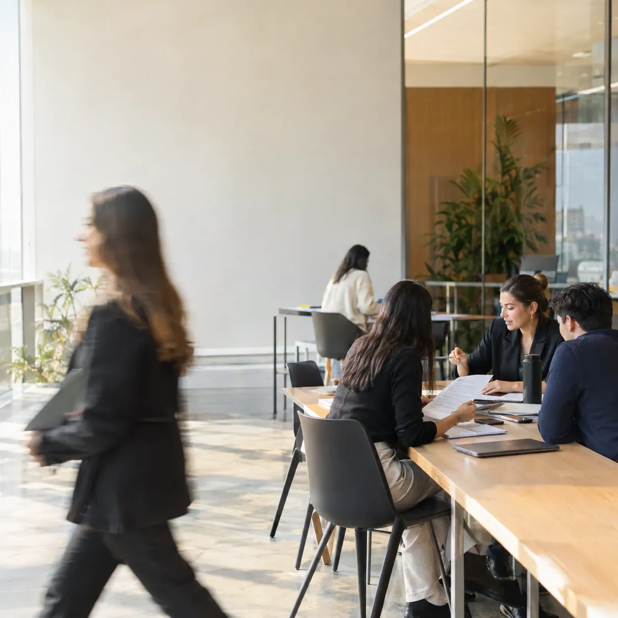 Entrevista de trabajo en una mesa de oficina, con documentos sobre la mesa