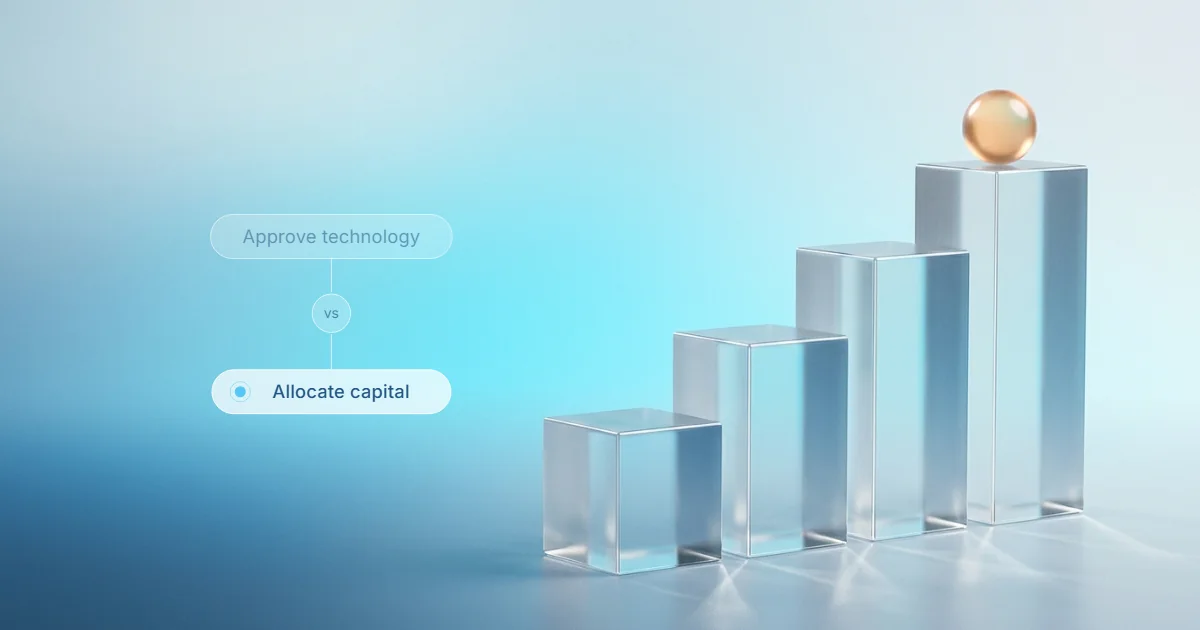 Four glass blocks rising like steps with a golden sphere on the tallest, beside two contrasting labels: approve technology versus allocate capital