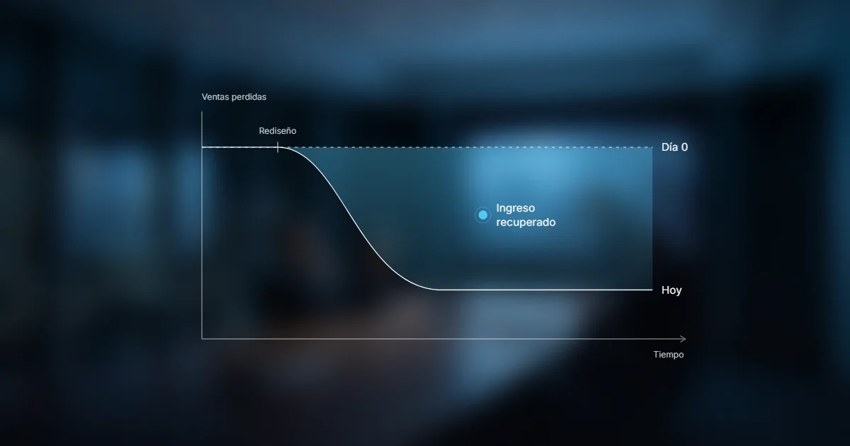 Gráfica de ventas perdidas en el tiempo: tras el rediseño, la pérdida baja del nivel del día 0 al de hoy y el área entre ambas líneas es el ingreso recuperado