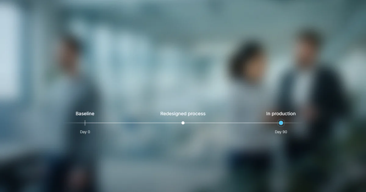 A blurred work team behind a timeline with three milestones: baseline on day 0, redesigned process, and in production on day 90