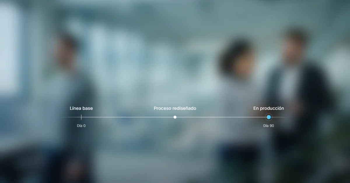 Equipo de trabajo desenfocado detrás de una línea de tiempo con tres hitos: línea base en el día 0, proceso rediseñado y en producción en el día 90